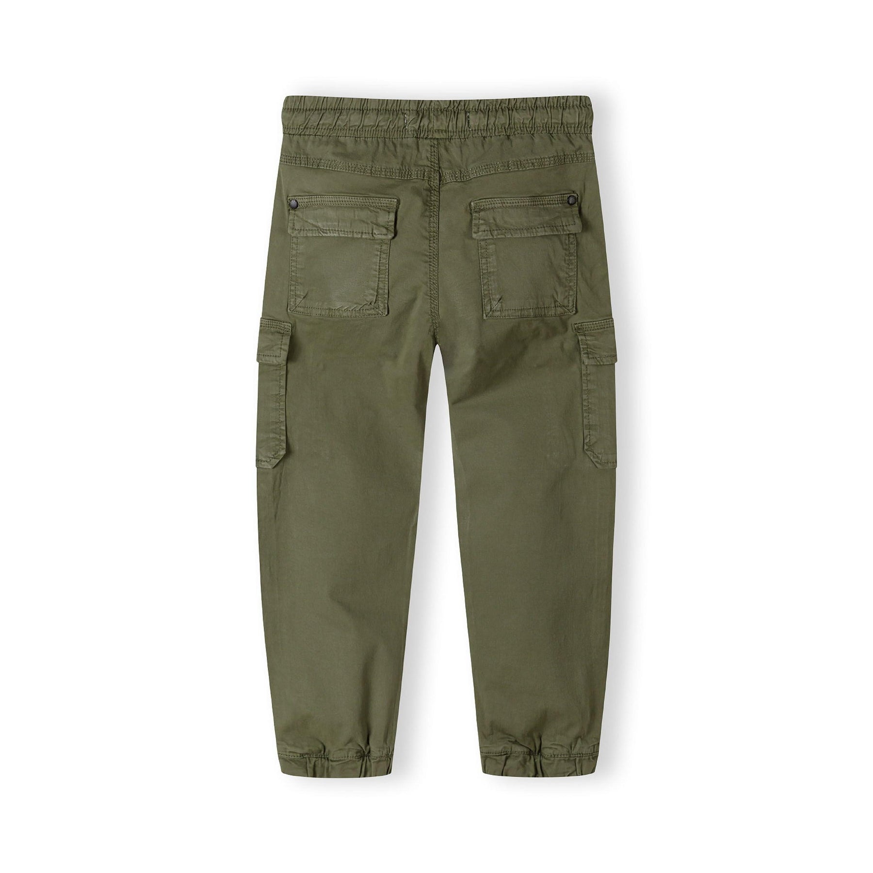 Back view of khaki cargo trousers showing elasticated waistband, back pockets with button closure, and tapered ankle cuffs on white background