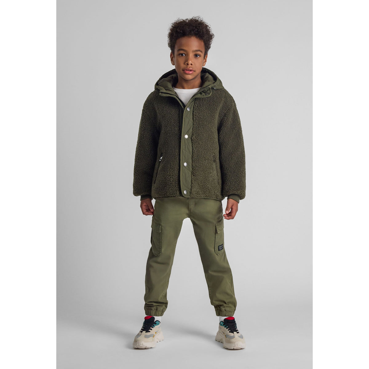 Boys' cargo trousers in khaki green — complete product view for square Shop card