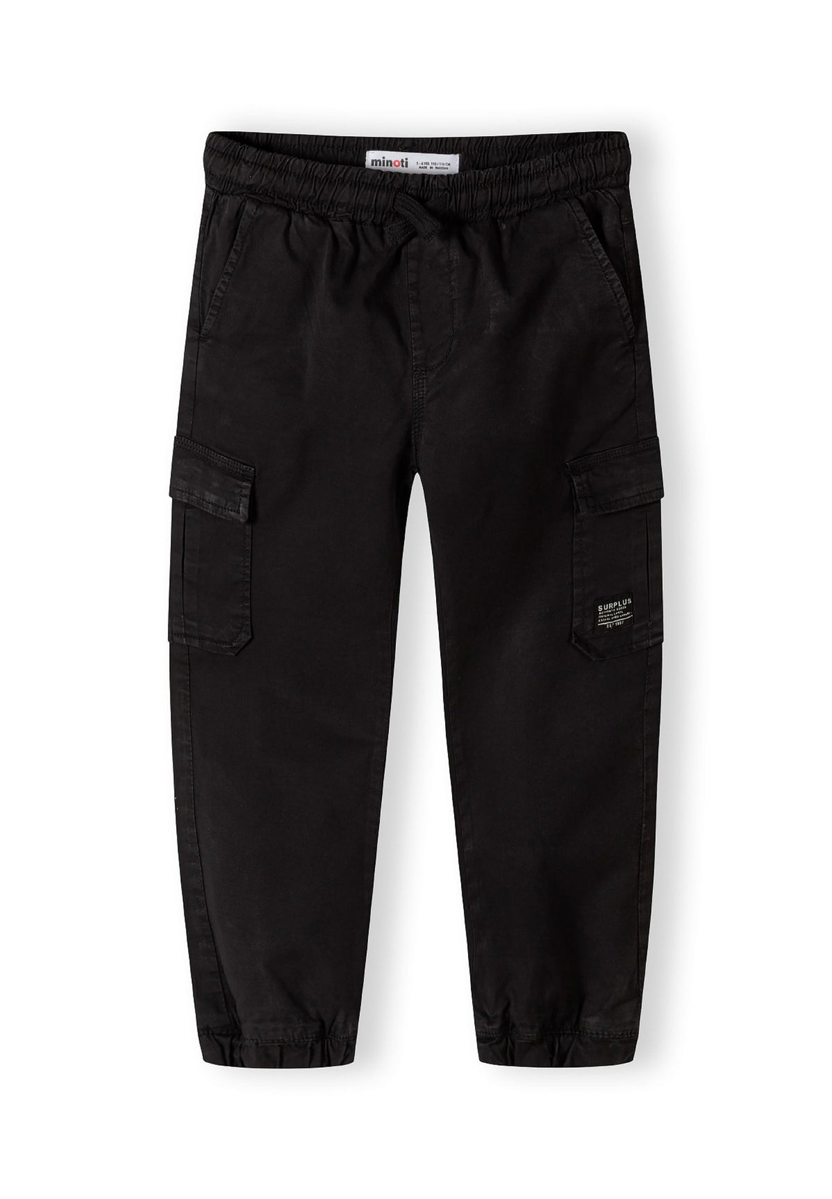 Black cargo trousers, trousers front.