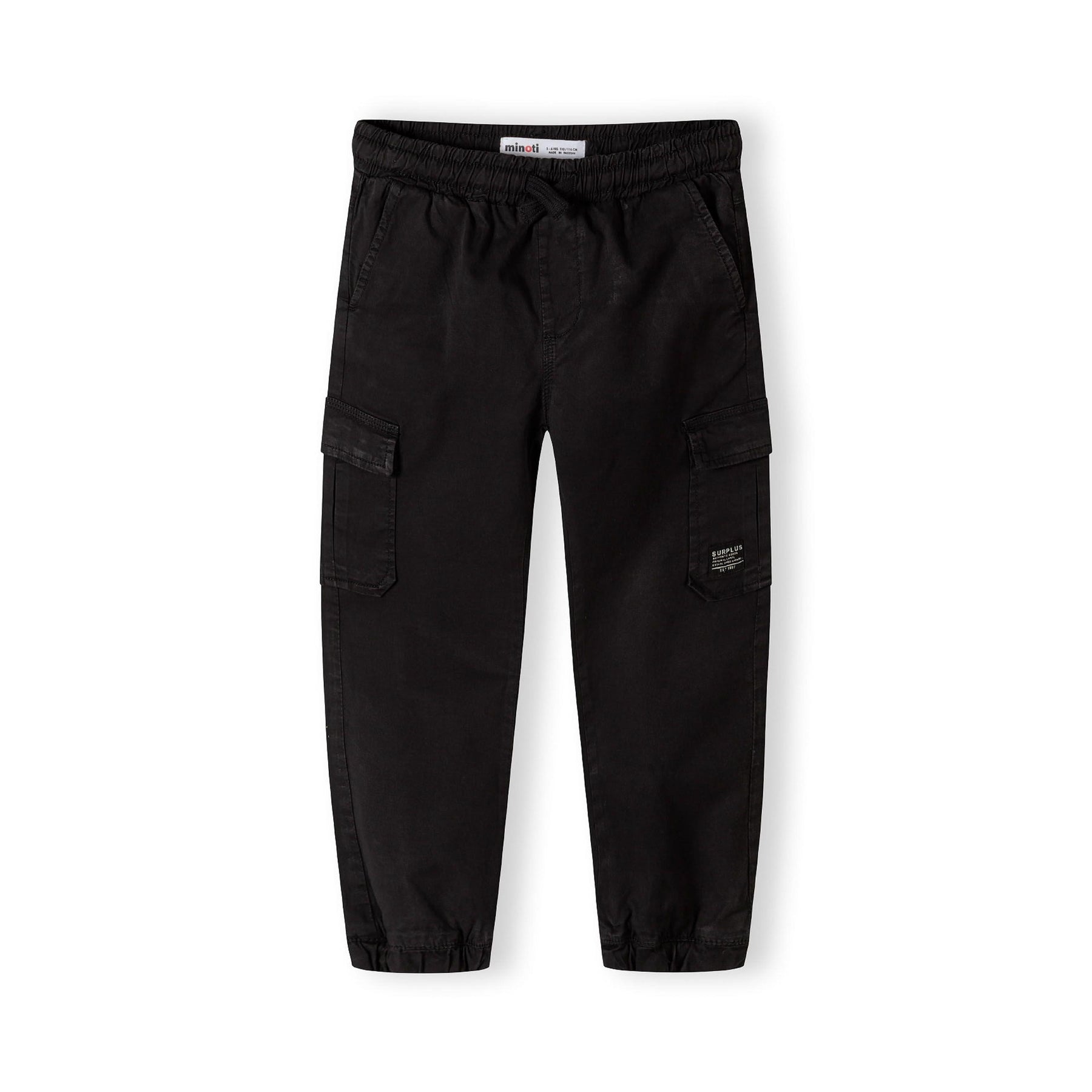 Back view of black cargo trousers showing elasticated waistband, back pockets and ankle cuffs on white background