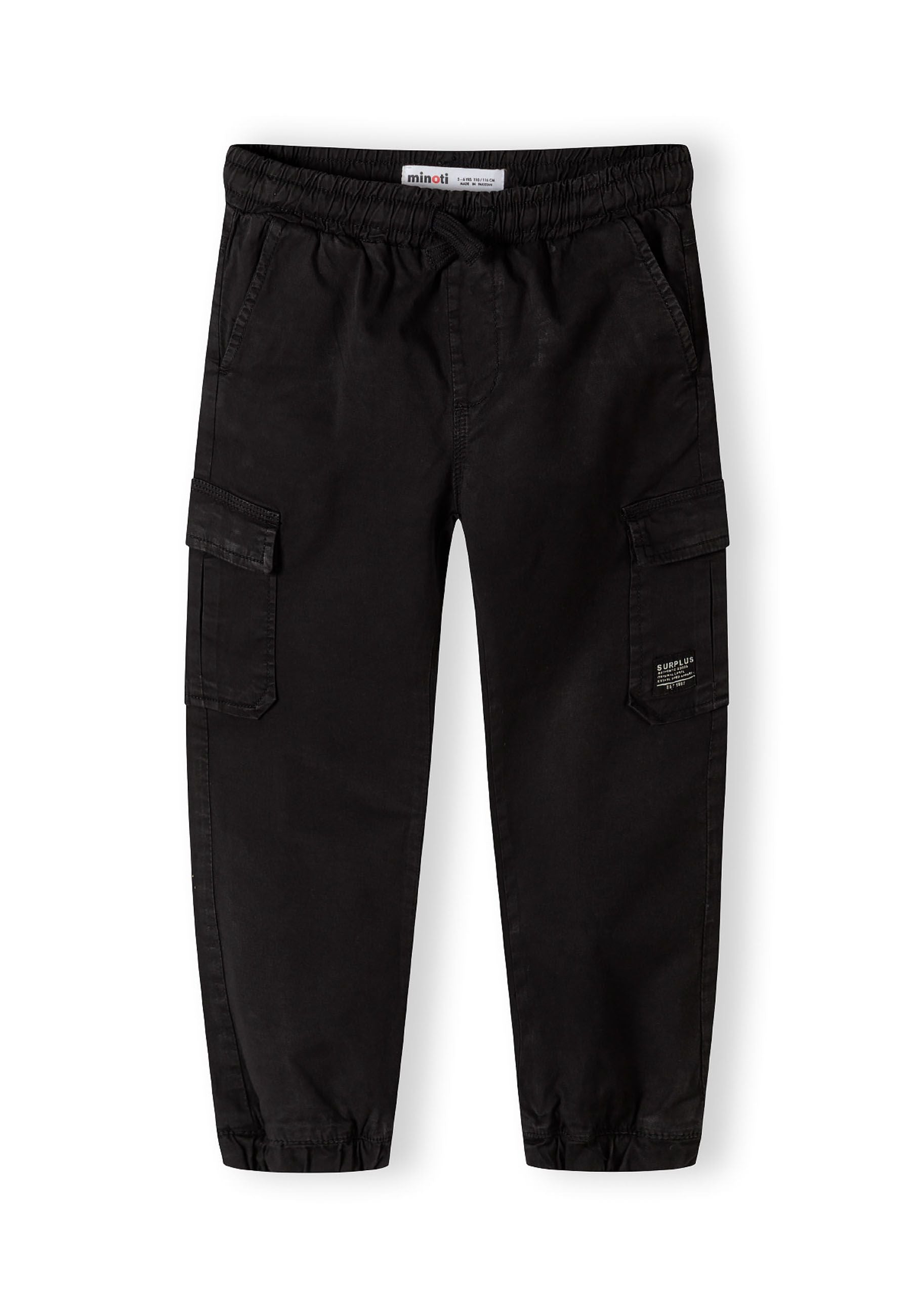 Boys black cargo trousers, front view, elastic waistband and side pockets.