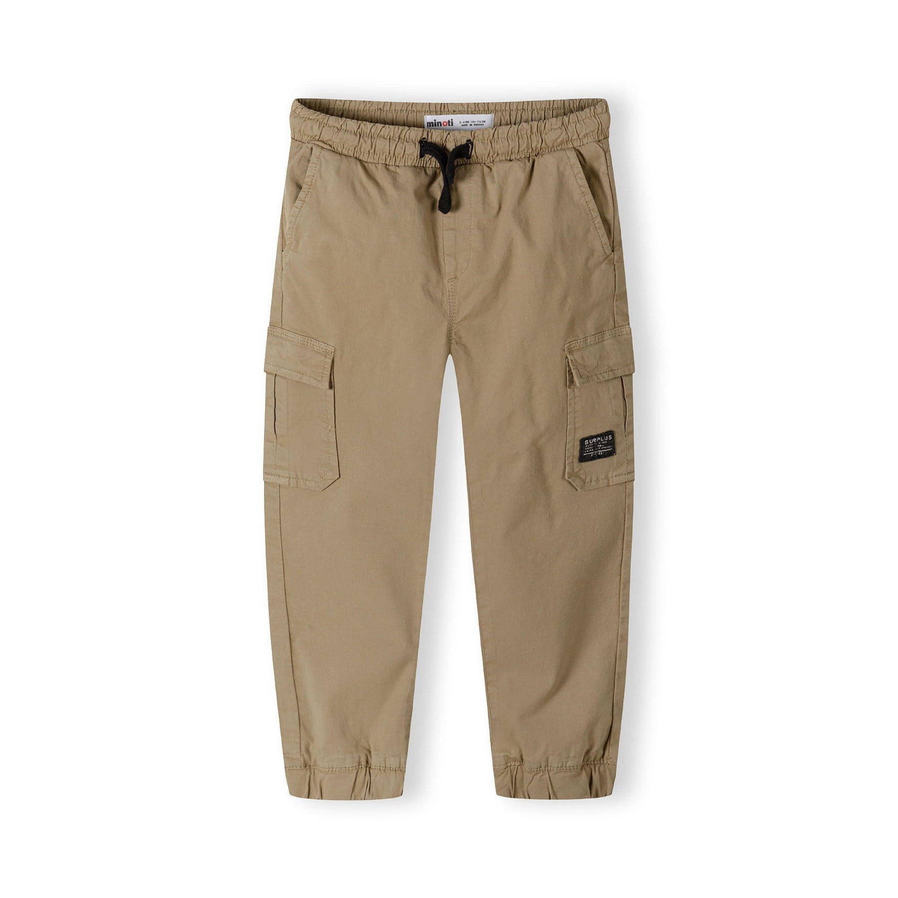 Back view of grey cargo trousers showing elasticated waistband, cargo pockets and ankle cuffs on white background