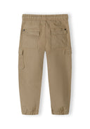Boys' grey cargo trousers, back view, featuring elasticated waistband and multiple pockets.