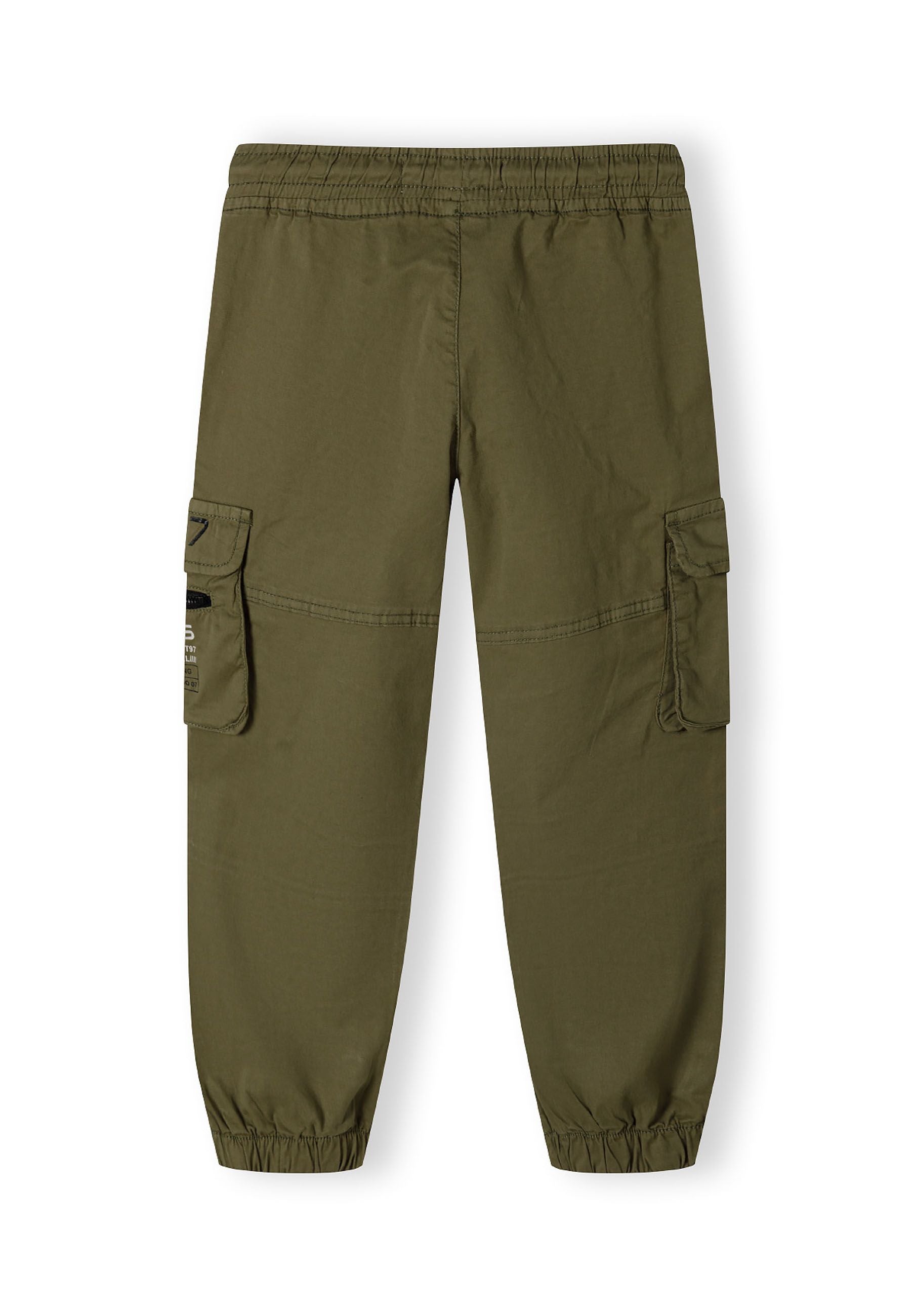 Boys cargo trousers in olive green, back view with zip pockets and elasticated cuffs.