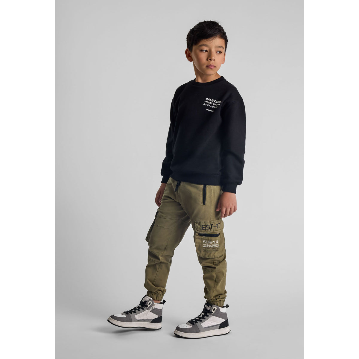 Boys' cargo trousers in khaki green — complete product view for square Shop card