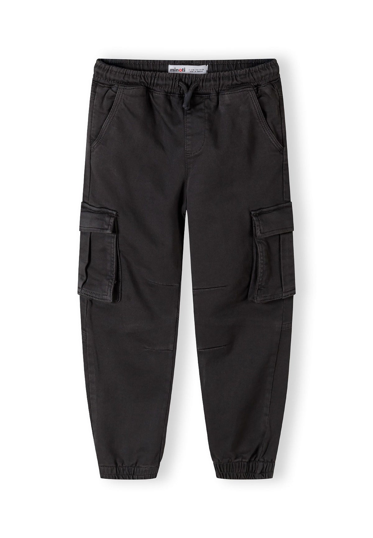 Dark grey cargo trousers, trousers front.