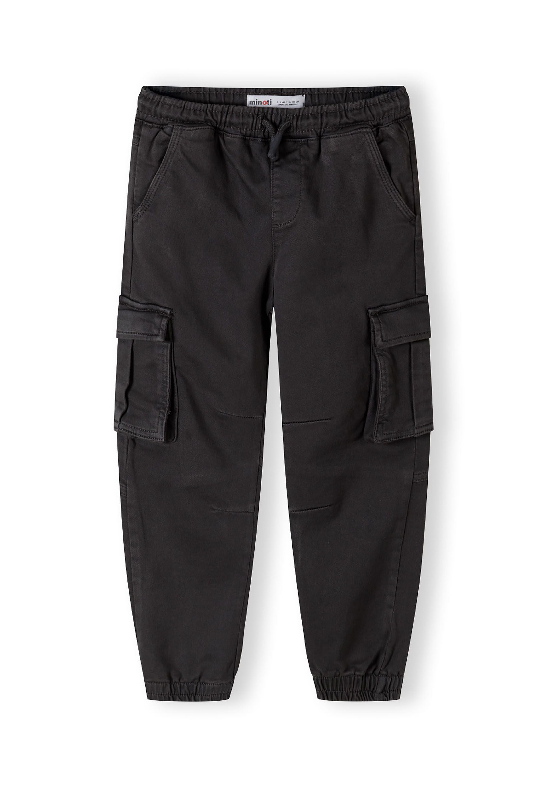 Boys grey cargo trousers with multiple pockets, front view.