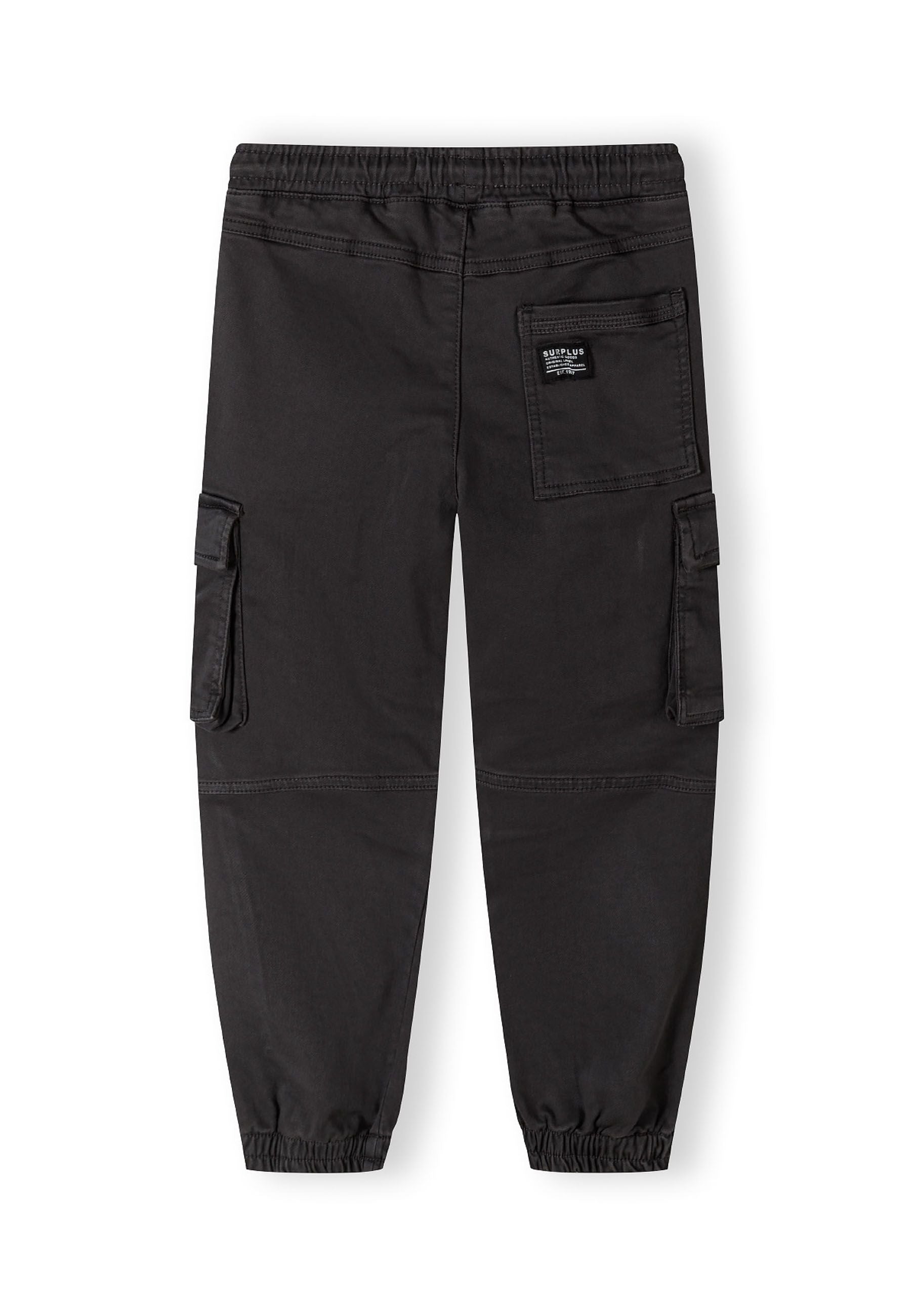 Boys grey cargo trousers, back view, featuring multiple pockets and ribbed cuffs.