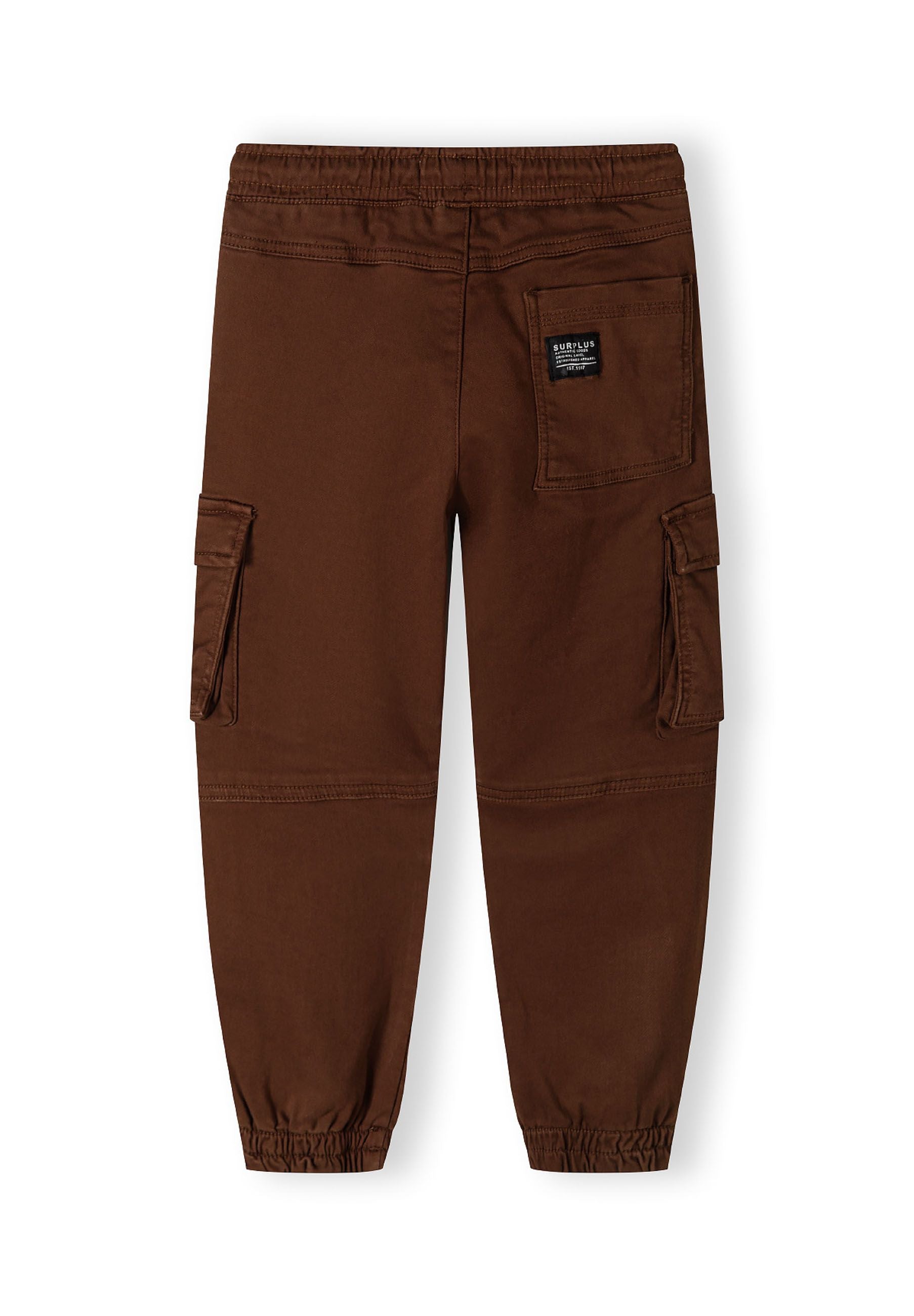 Boys cargo trousers in brown, back view with cargo pockets and ribbed ankle cuffs.