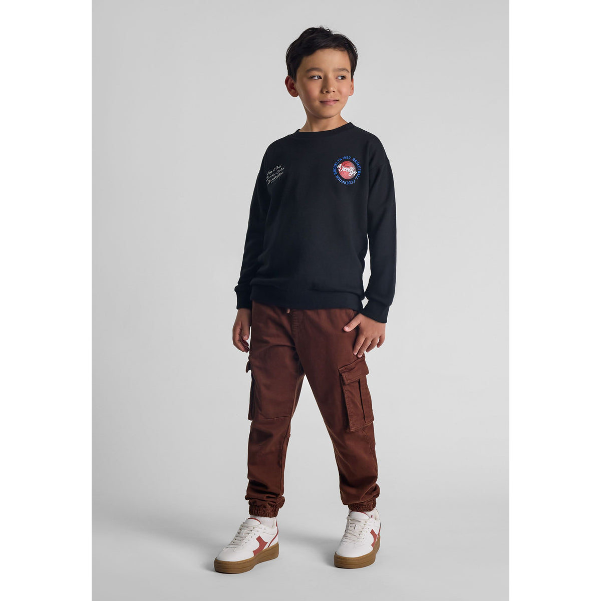 Boys' cargo trousers in brown — complete product view for square Shop card
