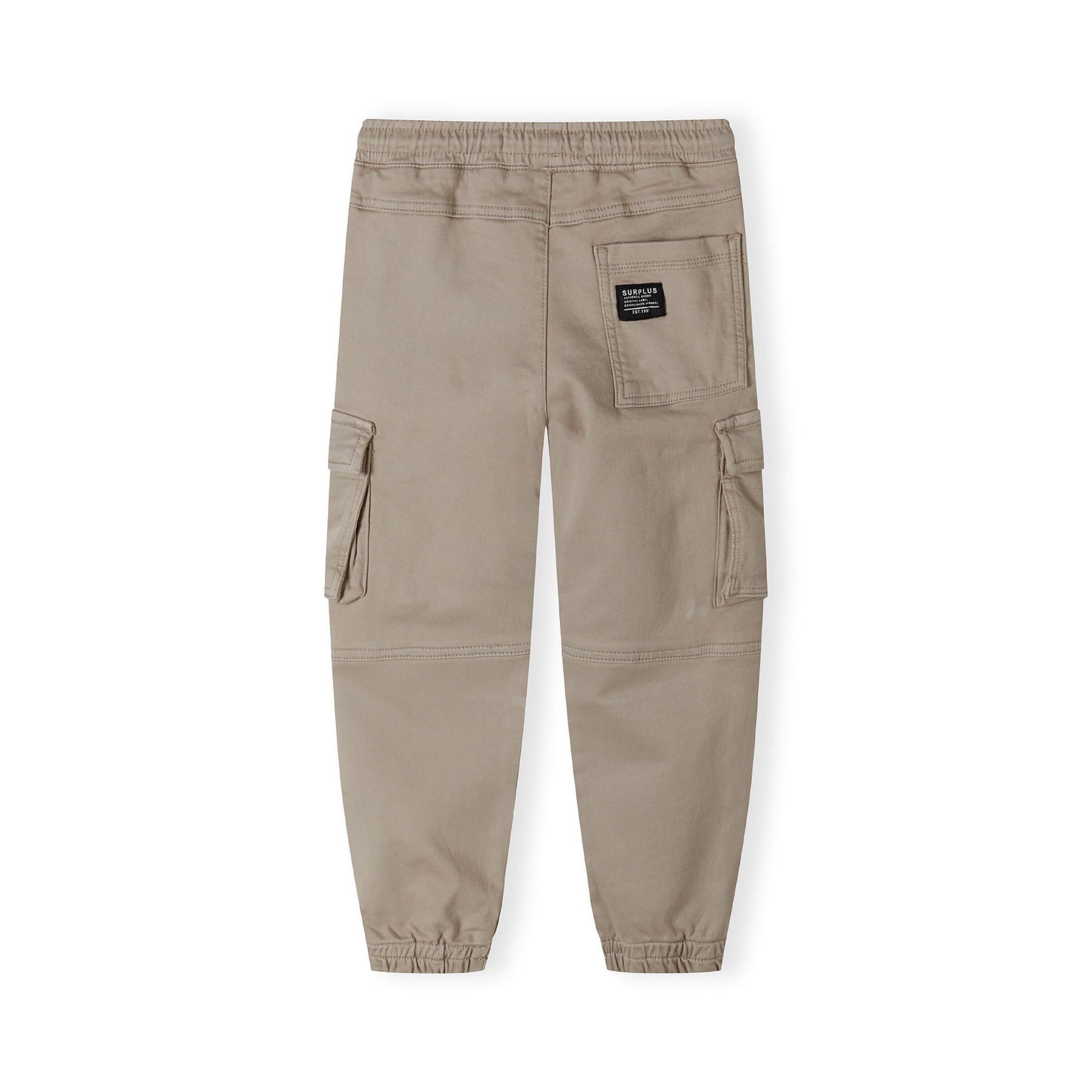 Back view of grey cargo trousers showing elasticated waistband, back pocket with label patch, and cargo pockets on both sides