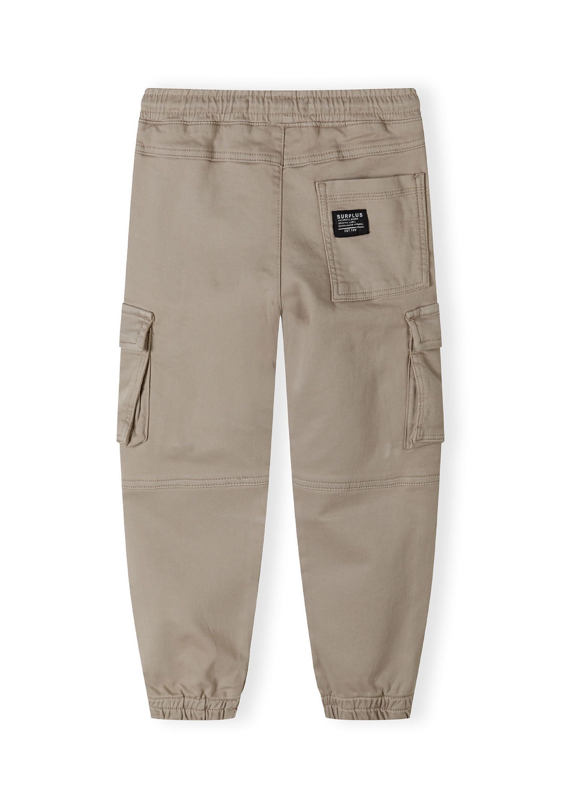 Boys cargo trousers in grey, back view with elasticated waistband and cargo pockets.