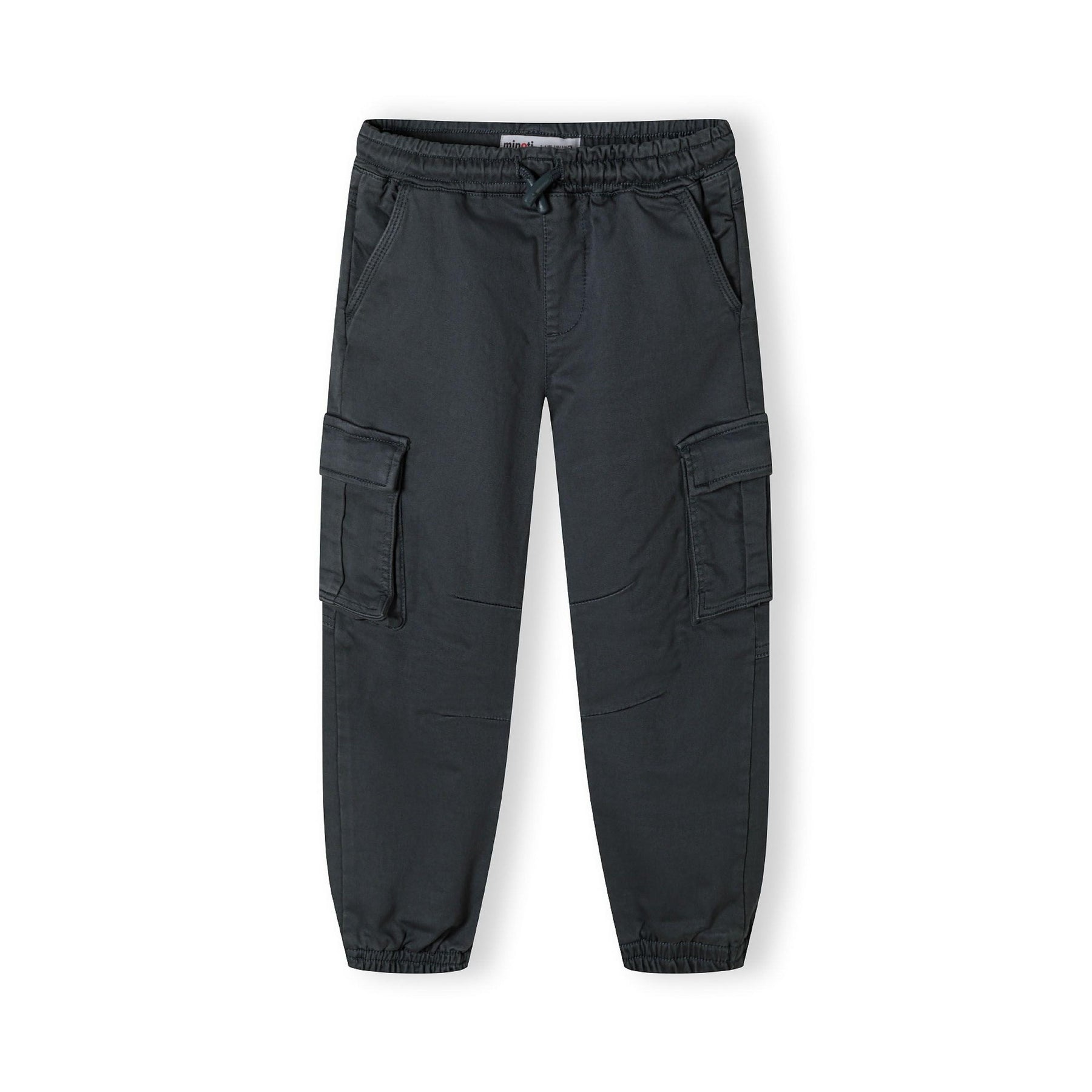 Back view of charcoal cargo trousers showing rear pockets and elasticated waistband detail on white background