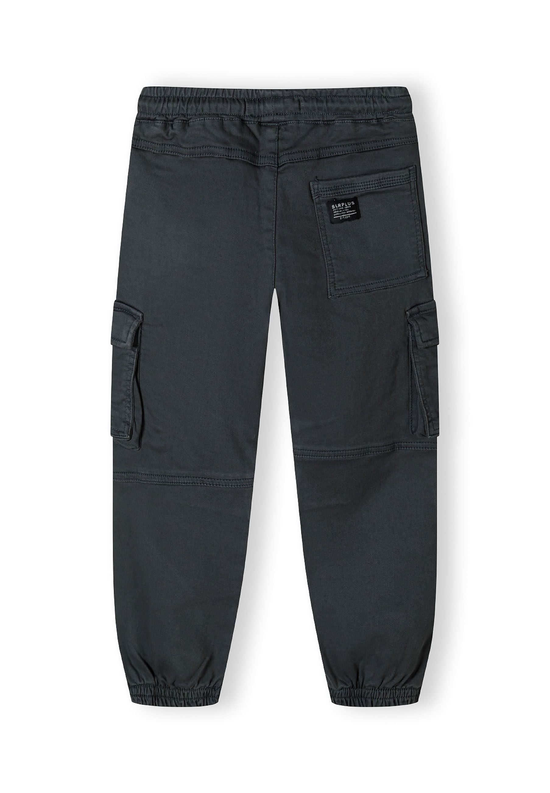 Boys cargo trousers with elastic waistband, blue, back view, featuring cargo pockets and ribbed cuffs.