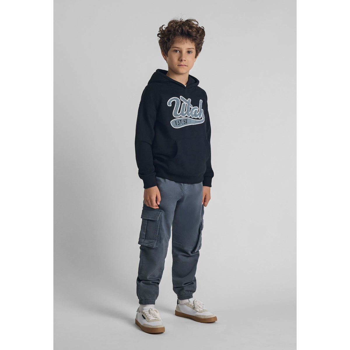 Boys' cargo trousers in blue grey — complete product view for square Shop card