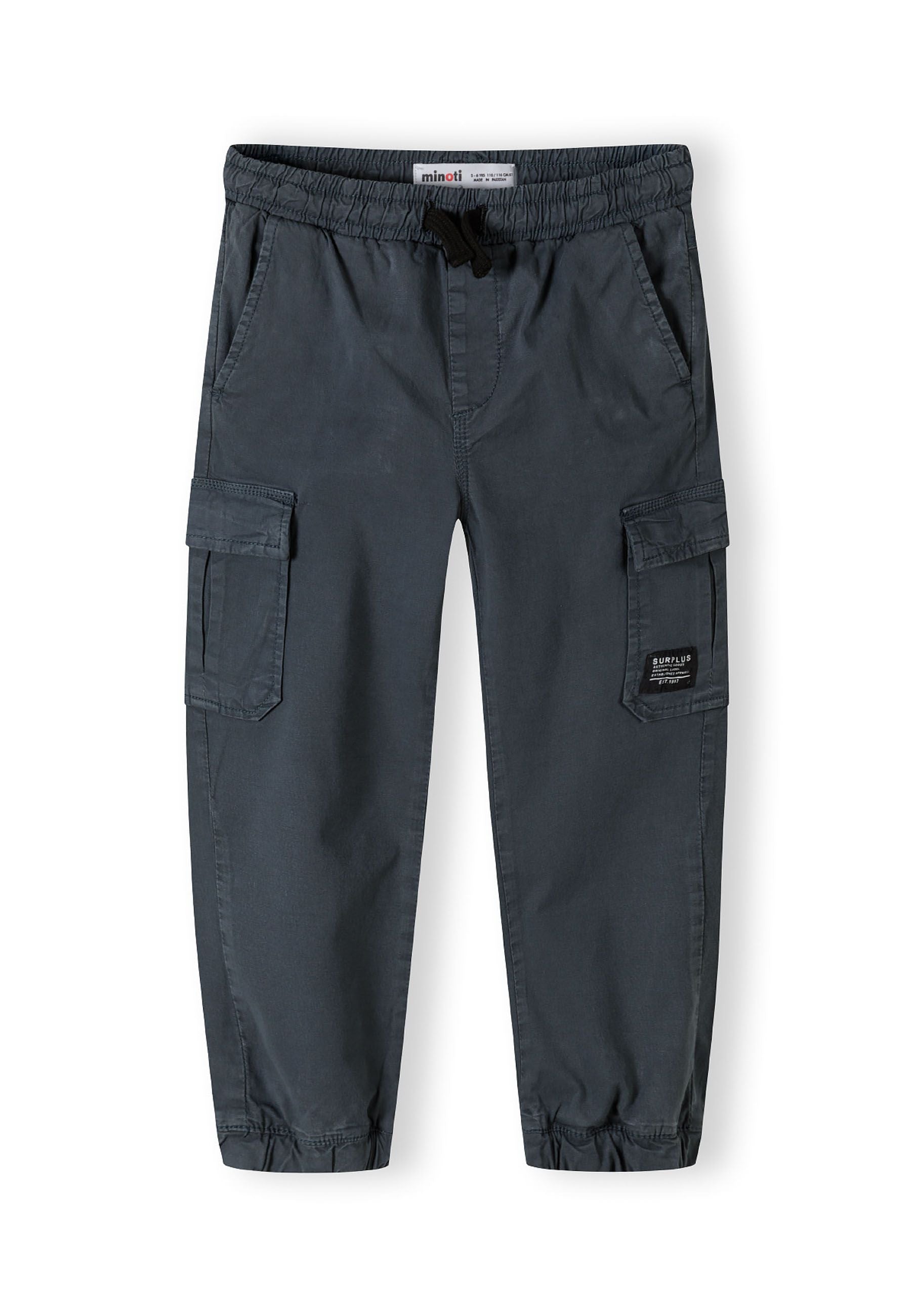 Boys cargo trousers in dark blue, front view with elastic waistband and side cargo pockets.