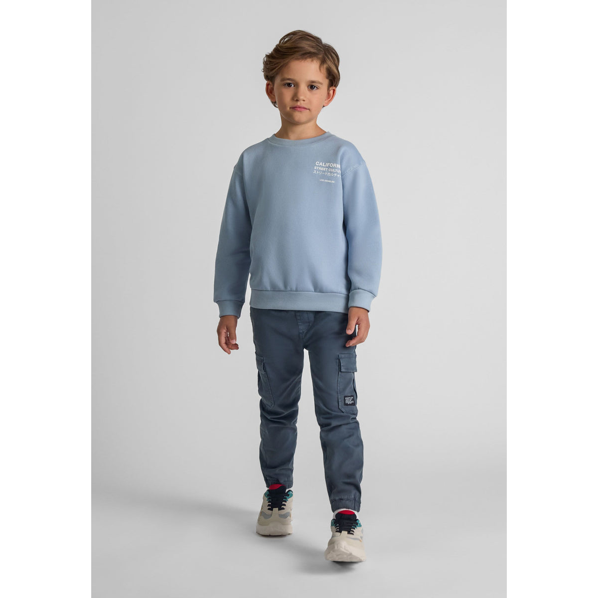 Boys' cargo trousers in blue grey — complete product view for square Shop card