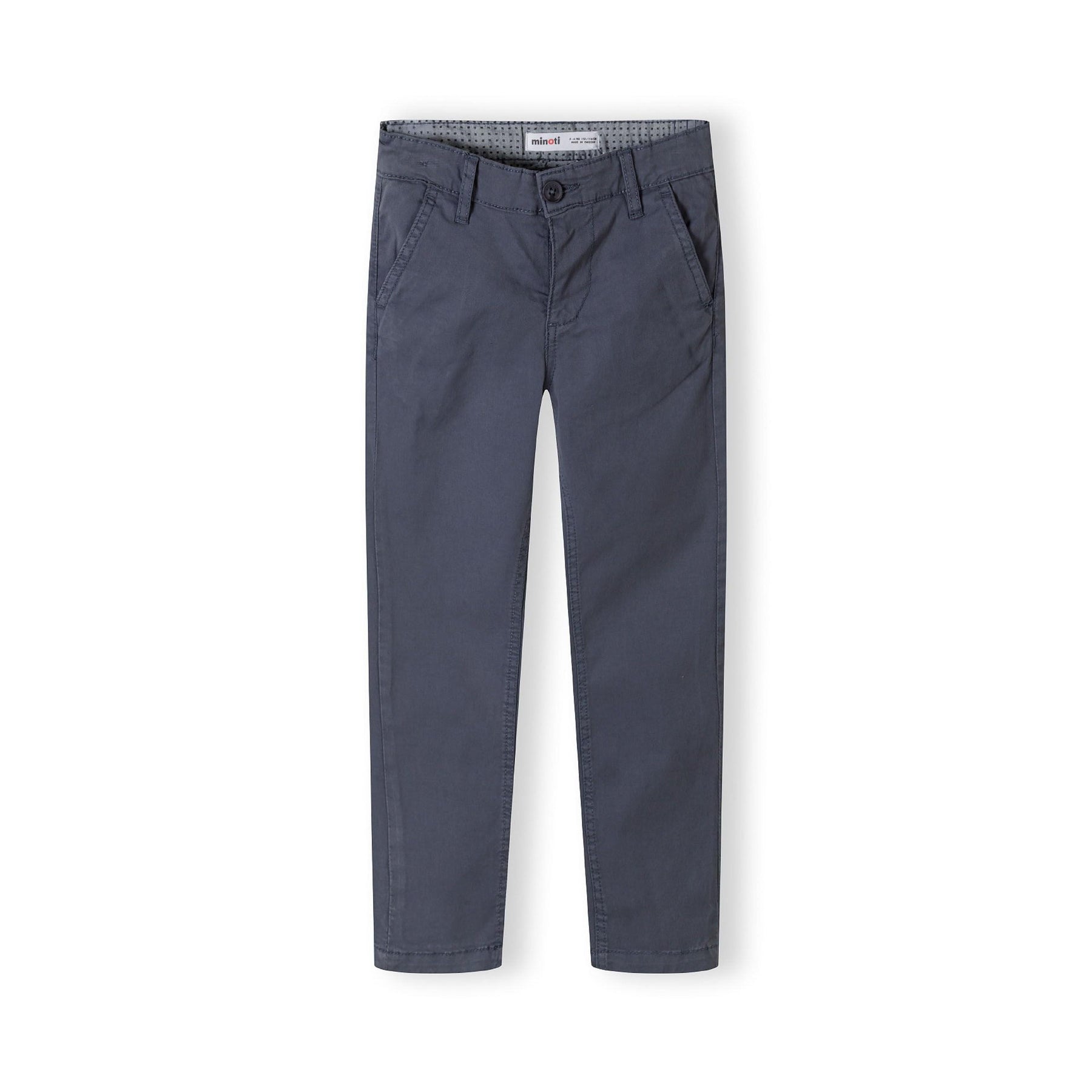 Front view of navy chino trousers with tailored fit, showing button closure, zip fly, belt loops and side pockets on white background