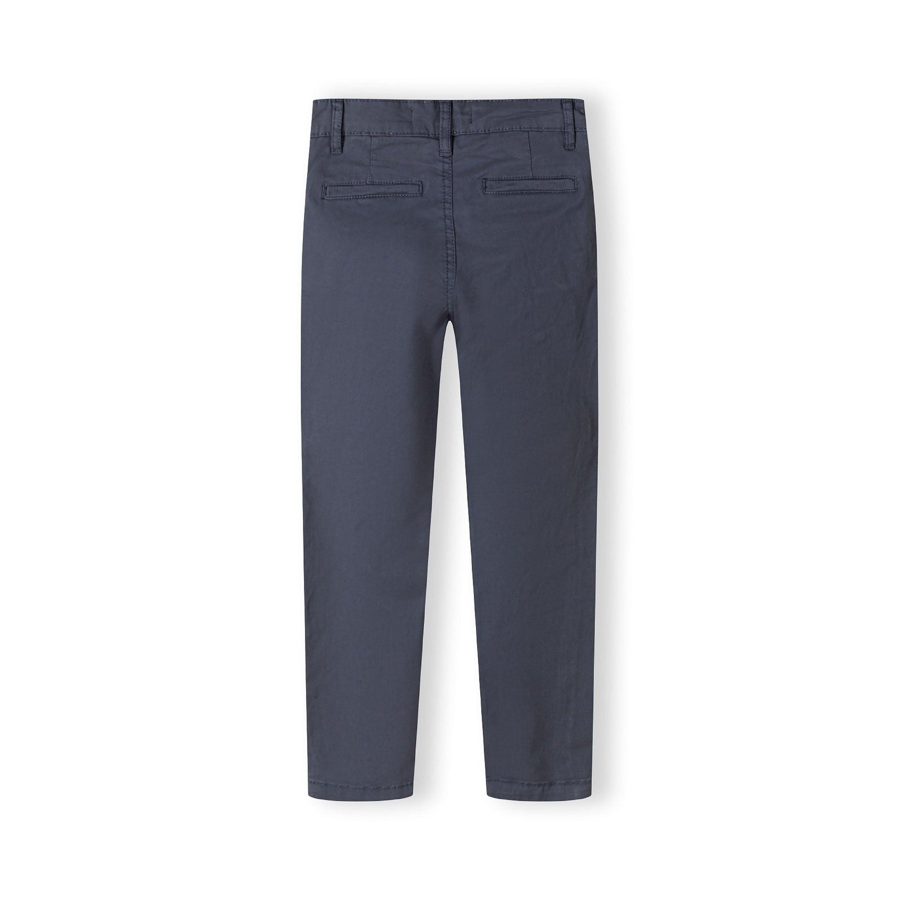 Back view of navy chino trousers showing welt pockets, belt loops and tailored fit silhouette on white background
