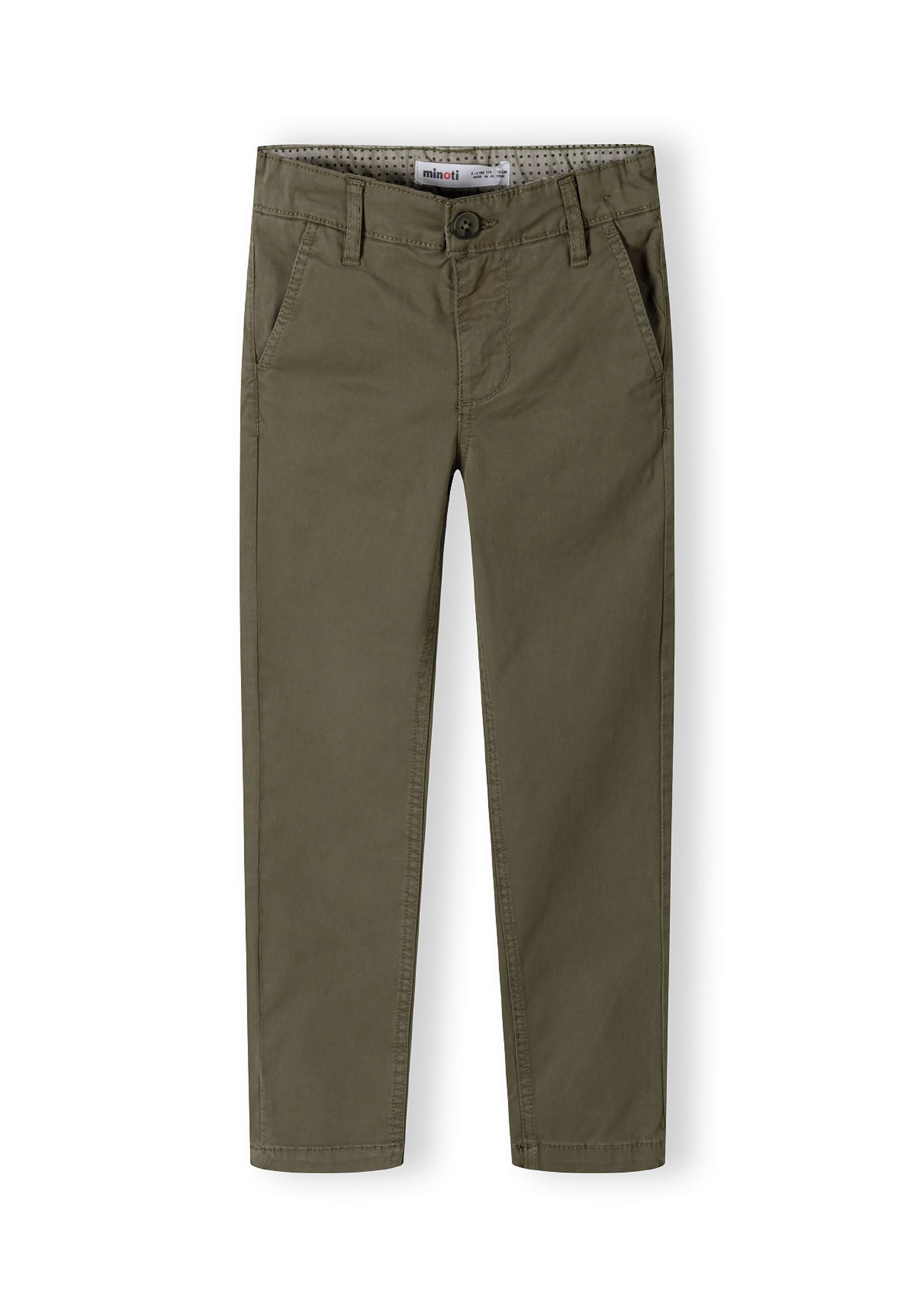 Boys khaki chino trousers, front view, featuring pockets and tailored fit.