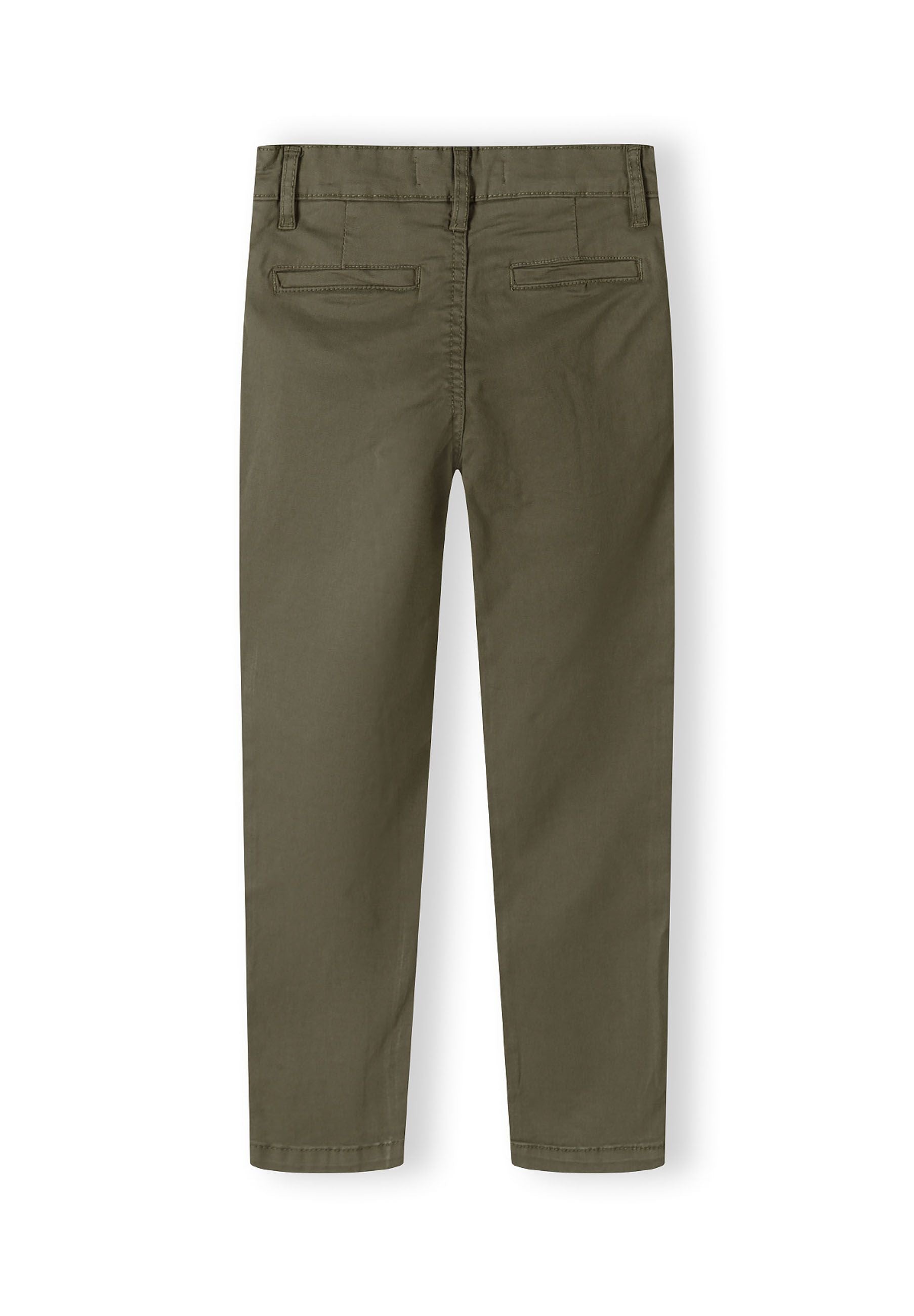 Boys khaki chino trousers, back view, featuring two back pockets and hemmed ankle cuffs.