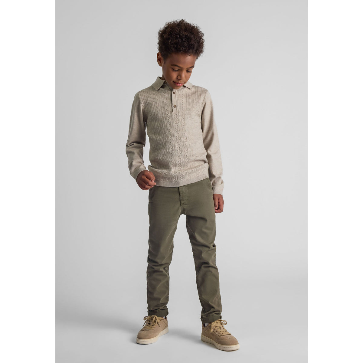 Boys' chinos in khaki green — complete product view for square Shop card