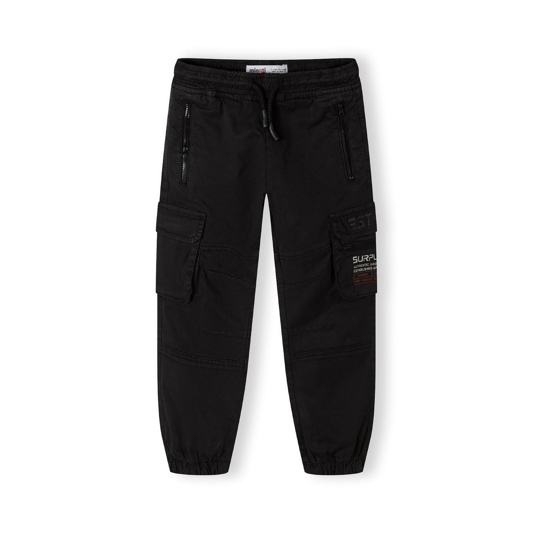 Black cargo trousers laid flat showing elastic waistband, side cargo pockets and tapered leg design