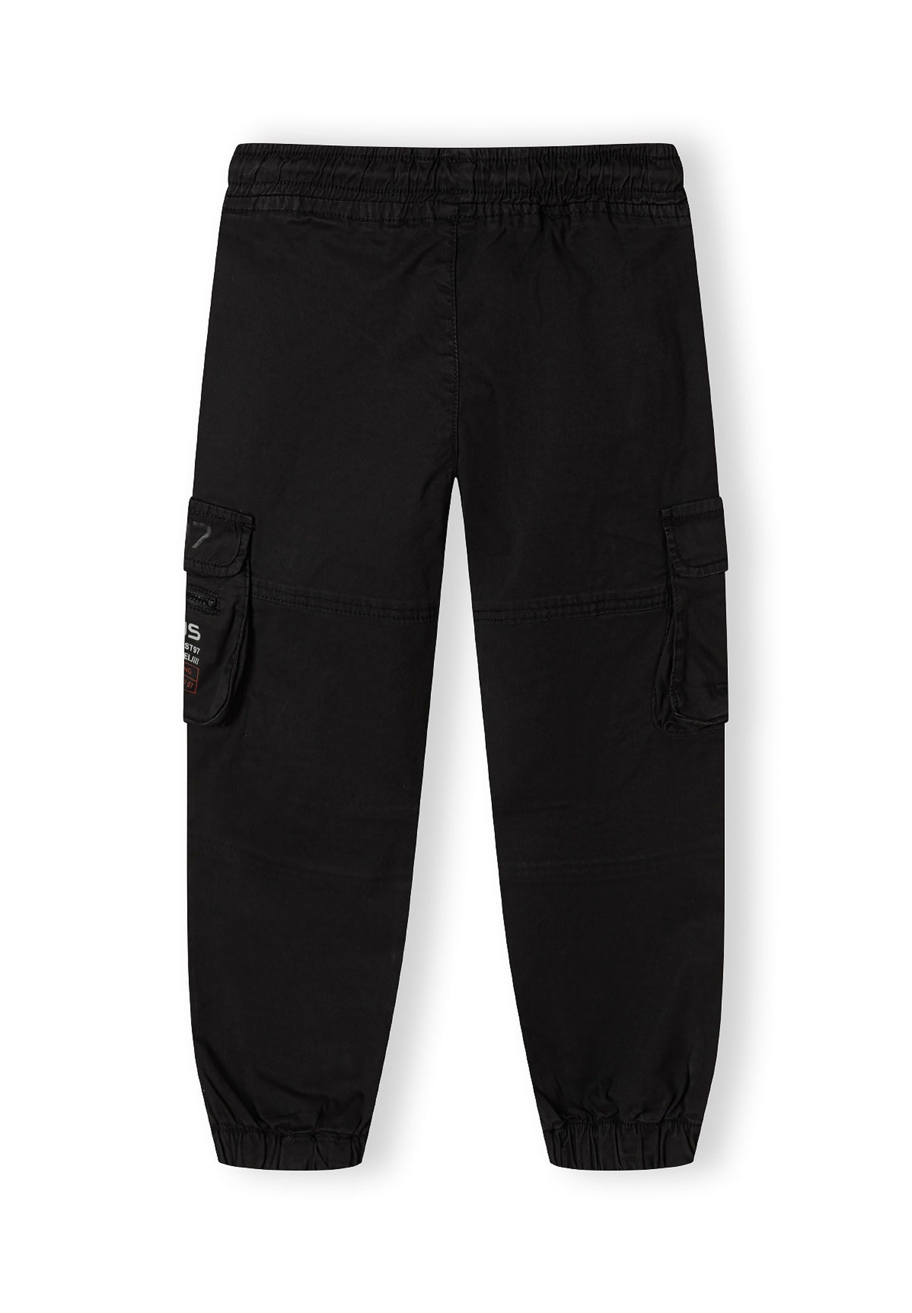 Boys cargo trousers in black, back view with zip pockets and side cargo pocket.