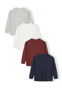 Boys 4 pack long sleeve t shirt with chest embroidery 2-14y grey, featuring a grey, white, burgundy, and navy design. Perfect for layering.