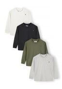 Boys 4 pack long sleeve t shirt with chest embroidery 2-14y grey in white, black, olive and grey shades. Soft cotton blend for comfort.