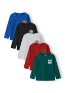 Set of five boys long sleeve t-shirts in various colors with printed graphics, front view.