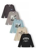 Boys 5 pack round neck long sleeve t shirts with prints 2-14y grey featuring graphic designs in various colors for everyday comfort.