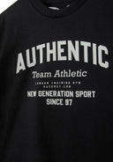 Black sweatshirt with bold white text saying 'AUTHENTIC Team Athletic New Generation Sport Since 97'. Soft cotton fabric.