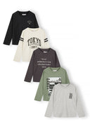 Boys 5 pack round neck long sleeve t shirts with prints 2-14y grey featuring various graphic designs and soft fabric for comfort.