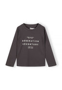 Boys 5 pack round neck long sleeve t shirts with prints 2-14y grey. Soft grey fabric with graphic print reading 'GENERATION ADVENTURE'. Comfort fit for active boys.