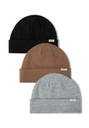 Set of three ribbed beanie hats in black, brown, and grey with fold-up cuffs.