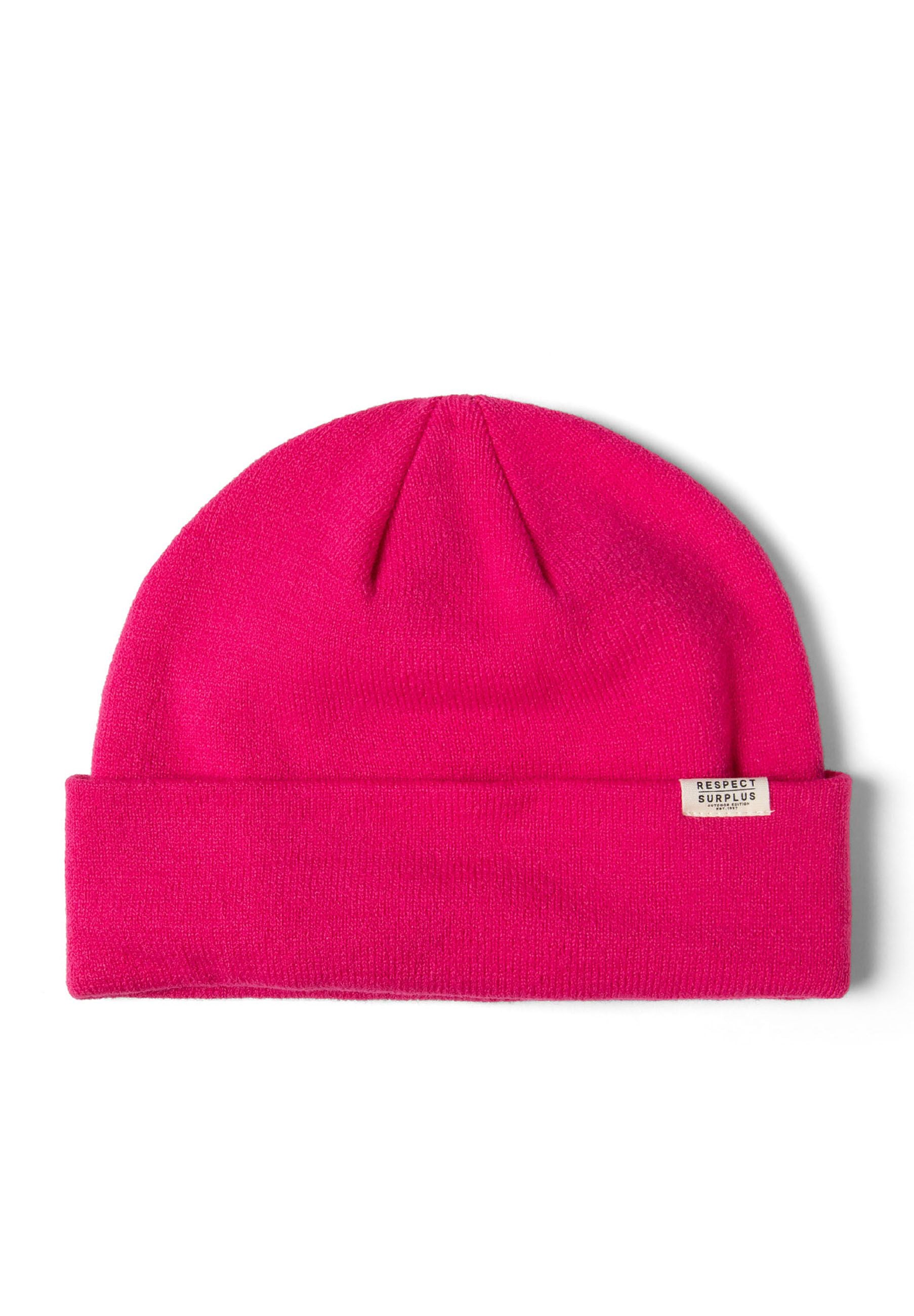 Close-up of a pink ribbed beanie hat with a fold-up cuff and a discreet badge.