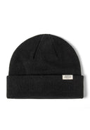 Black ribbed beanie hat with folded brim and logo badge, front view.