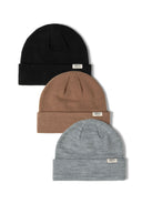 Three ribbed beanie hats in black, brown, and grey with fold-up cuffs and logo badges.