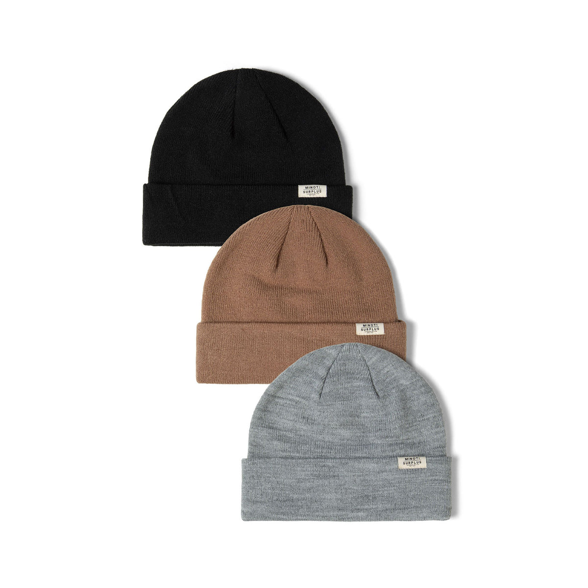 Kids' beanies 3-pack in black, brown and grey — complete product view for square Shop card
