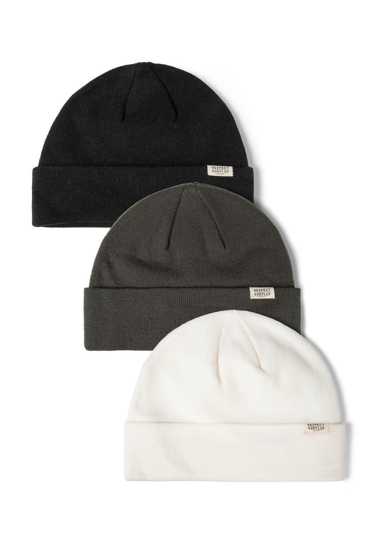 Black, dark grey and cream beanies, three hats.