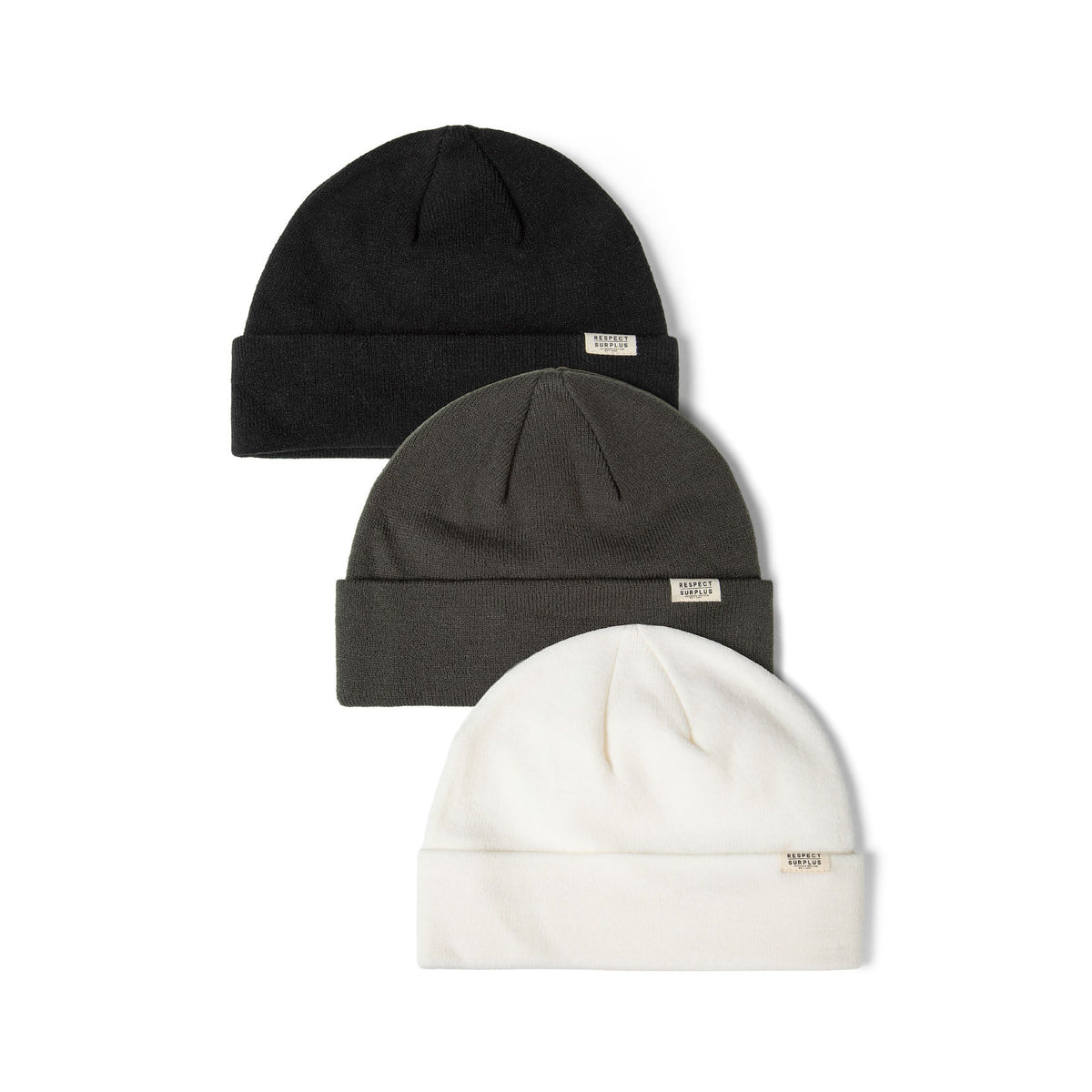Kids' beanies 3-pack in black, dark grey and cream — complete product view for square Shop card