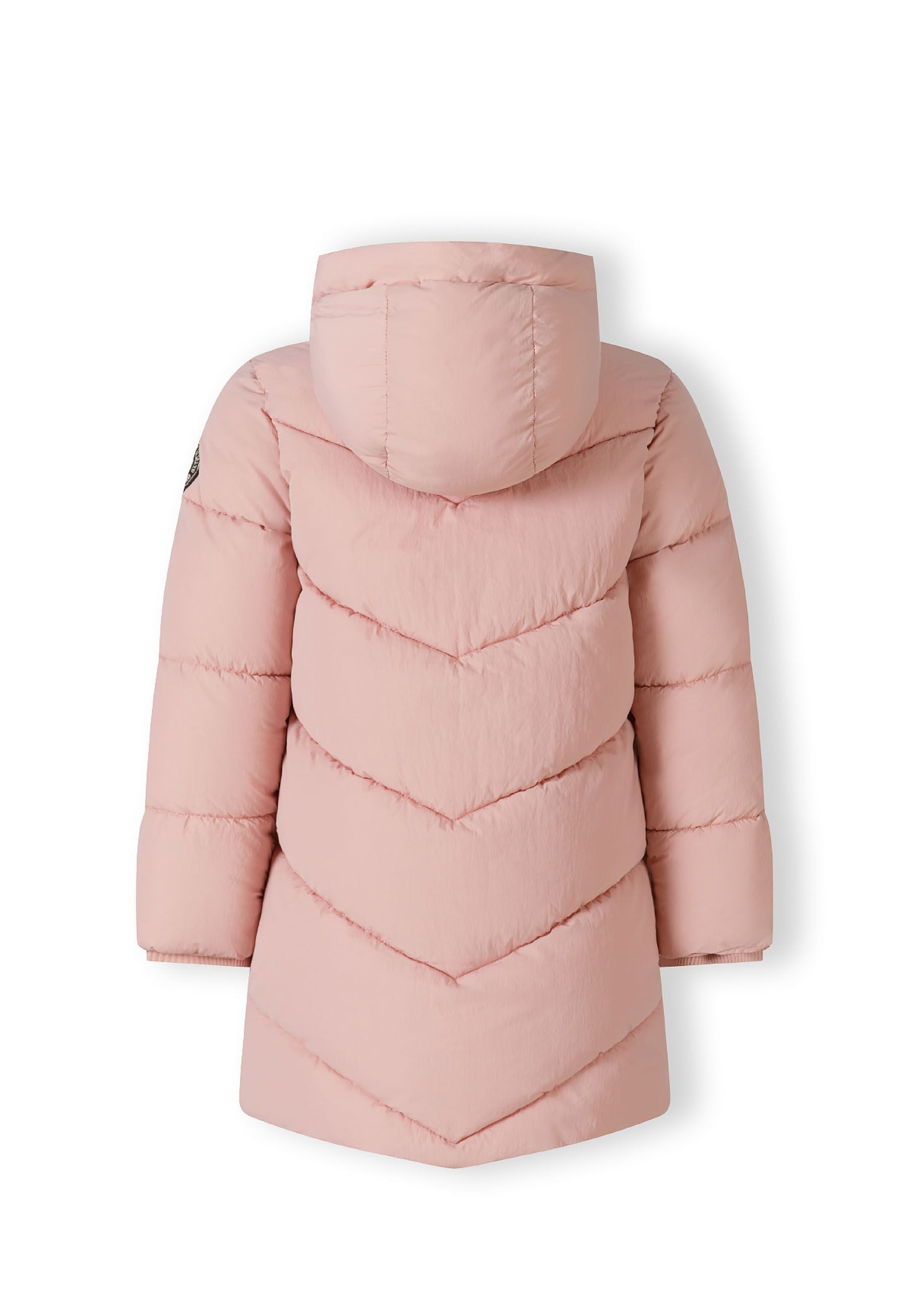 Girls long pink quilted winter jacket back view with fixed hood and ribbed cuffs.