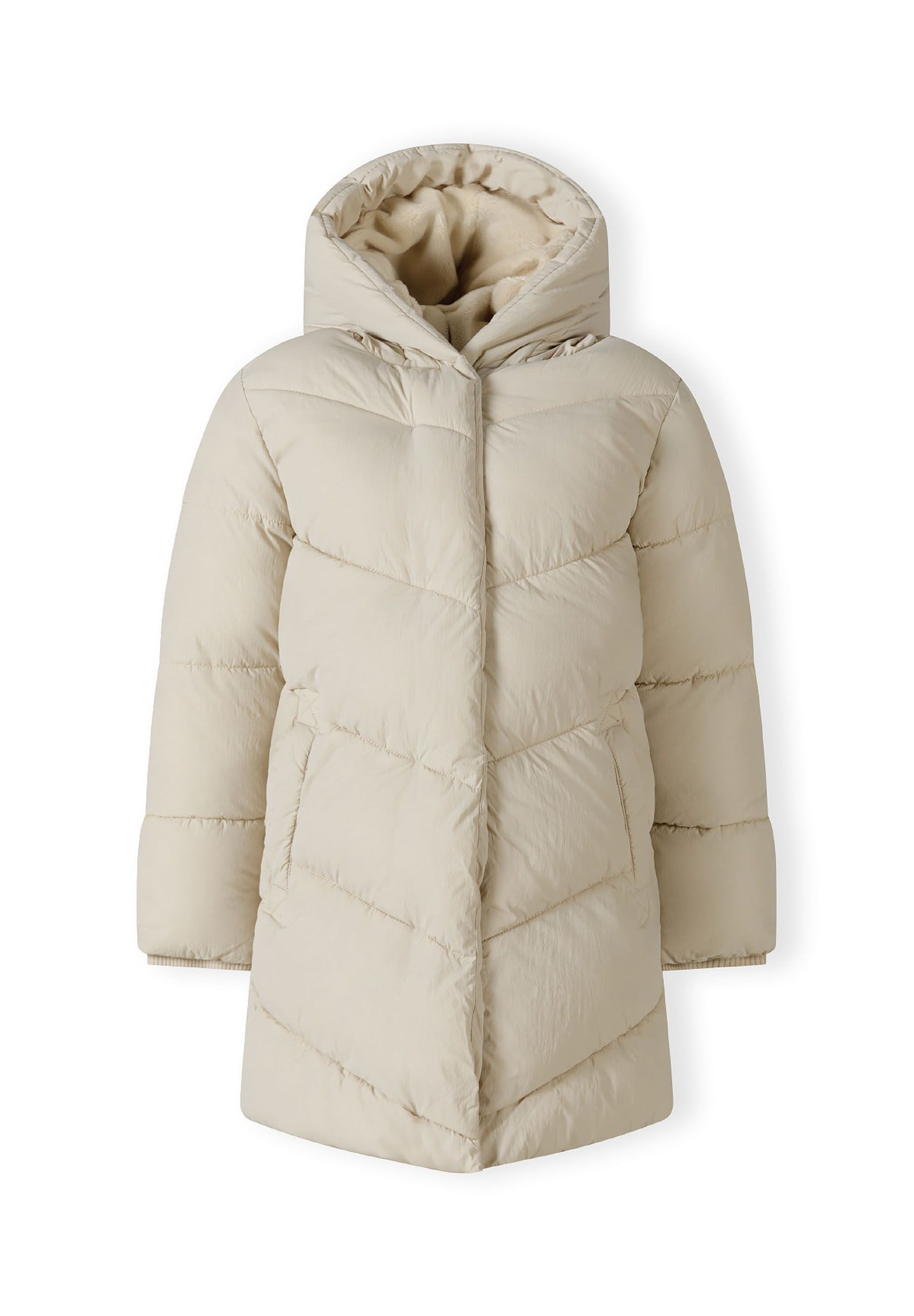 Girls long quilted winter jacket in light grey, front view with fixed hood and side pockets.