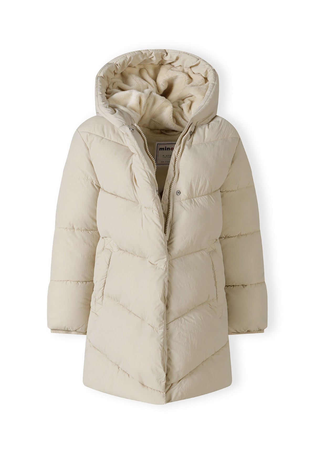 The cream long puffer coat shown open to reveal the inside.