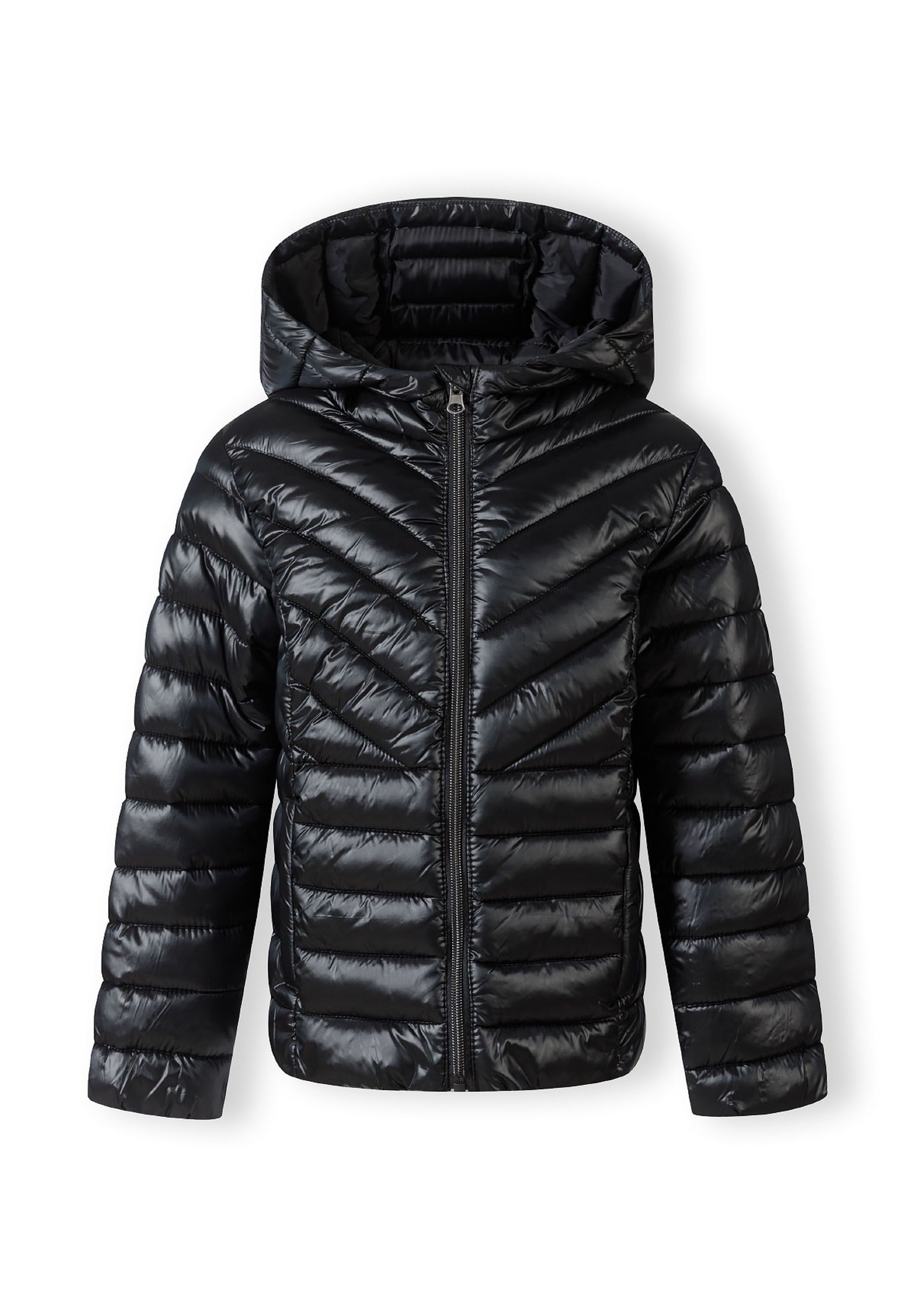 Girls quilted black hooded jacket, front view, features zip fastening and soft padding.