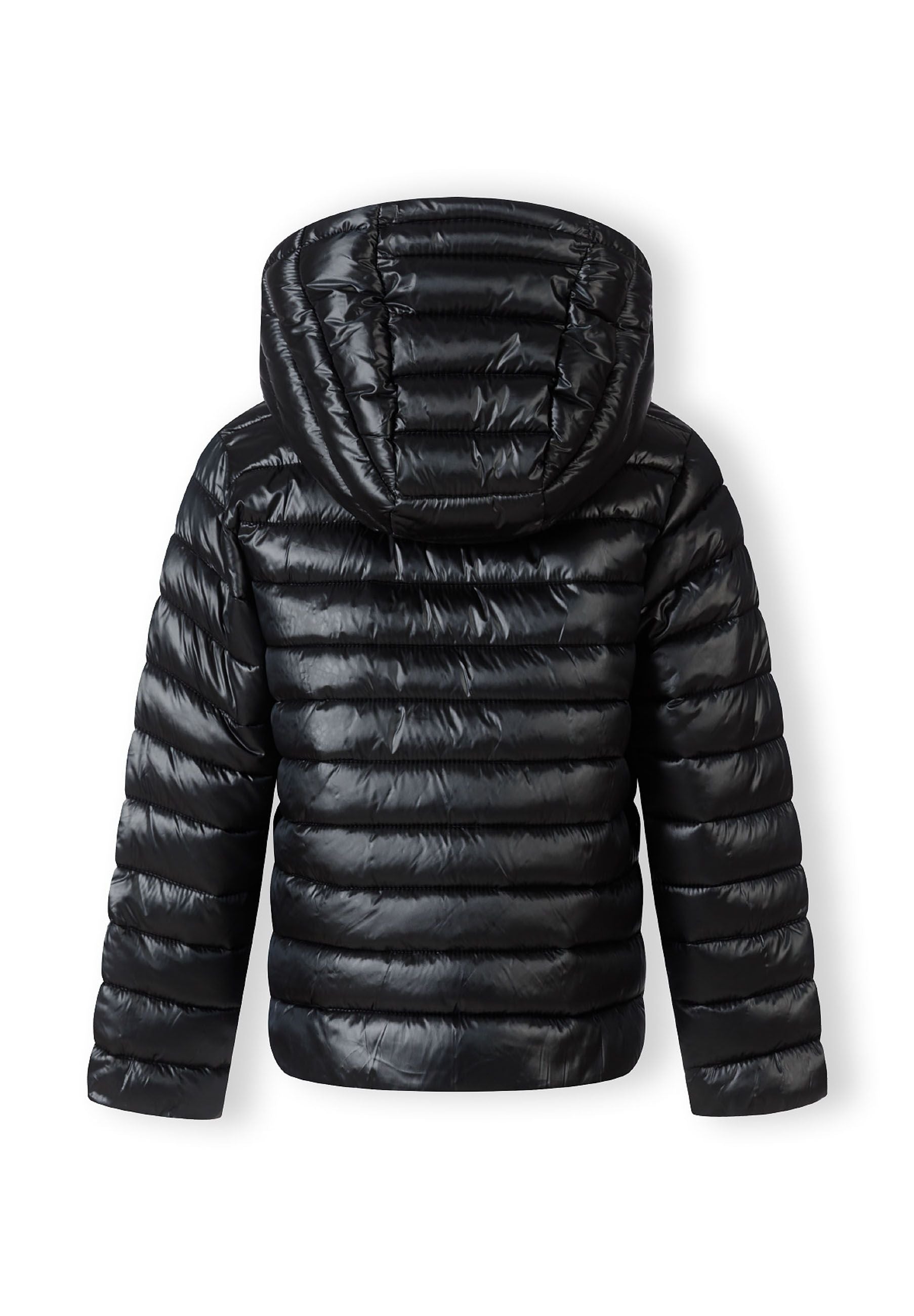 Back view of a black quilted girls hooded jacket with a fixed hood and puffy design.