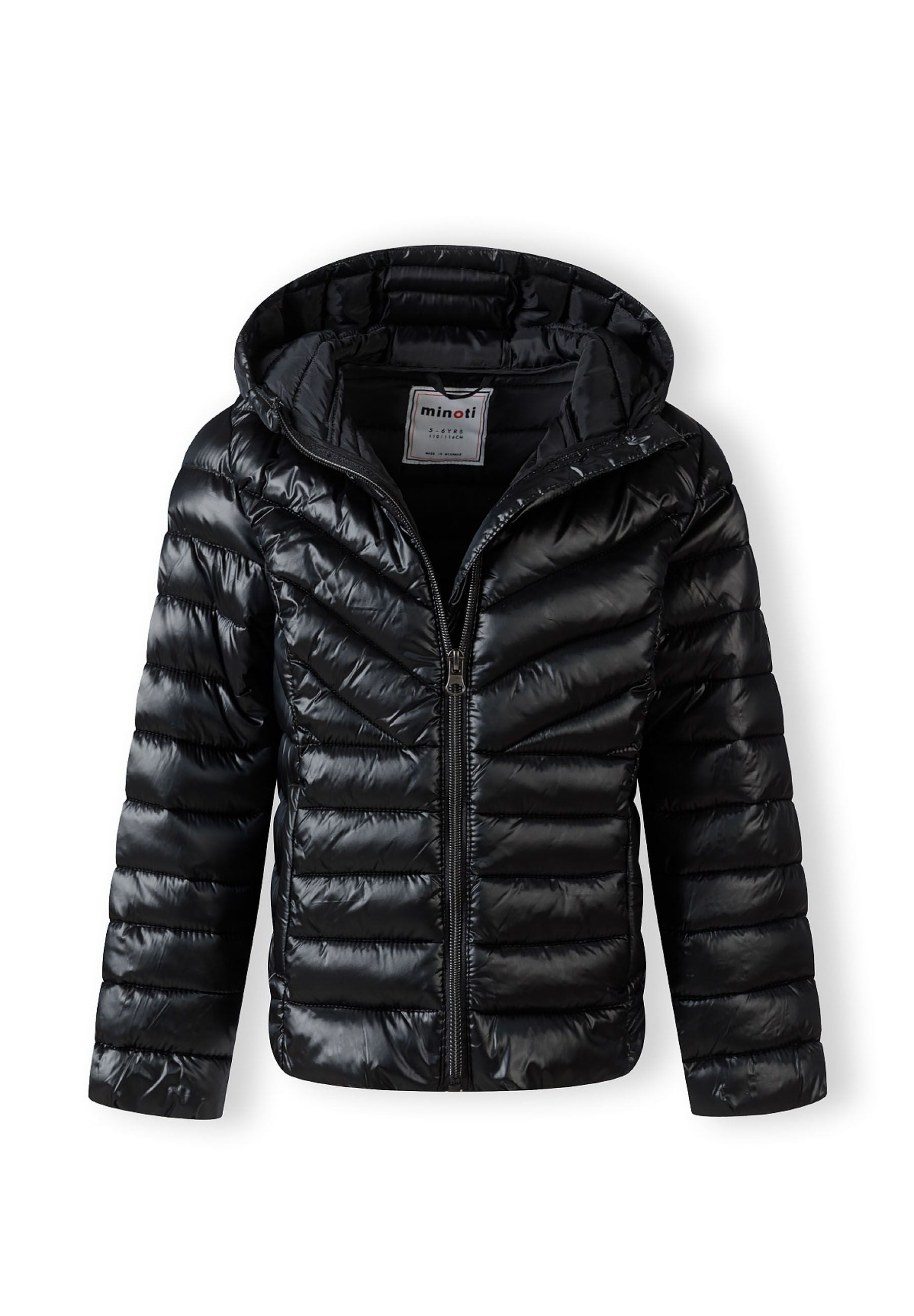 Girls quilted hooded jacket, black, front view with zip fastening and padded design.
