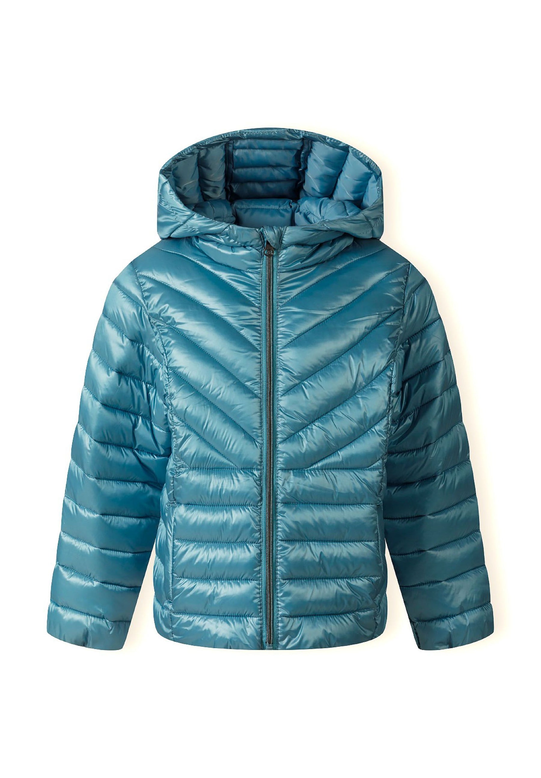 Girls quilted hooded jacket in turquoise, front view with zip fastening and two pockets.