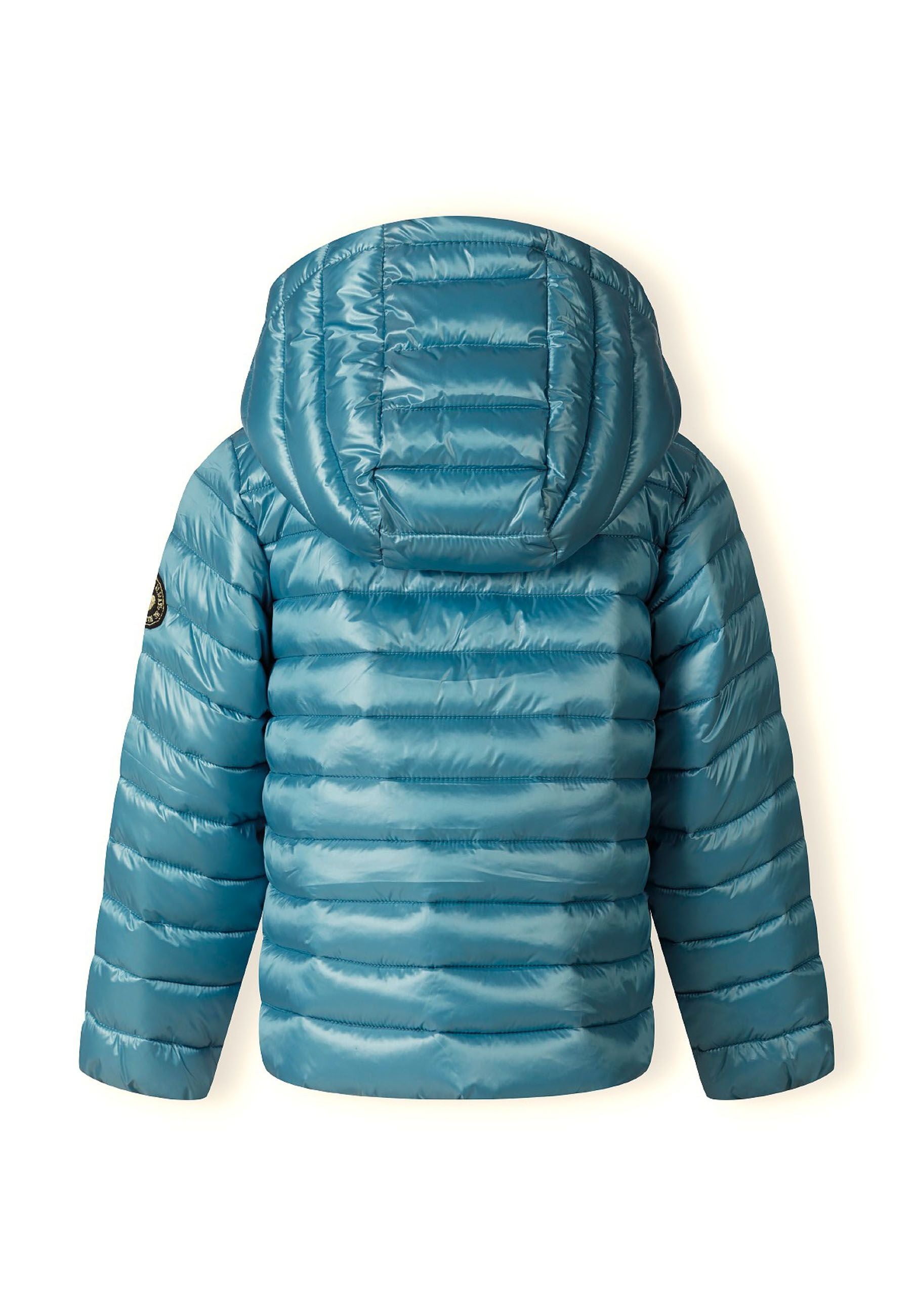 Girls quilted hooded jacket in turquoise, back view with fixed hood and quilted texture.